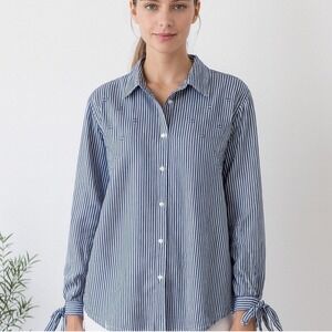 Nanette Lepore Womens Blouse Sz Lg Blue Striped Button Up Long Sleeve Ballon Bow
